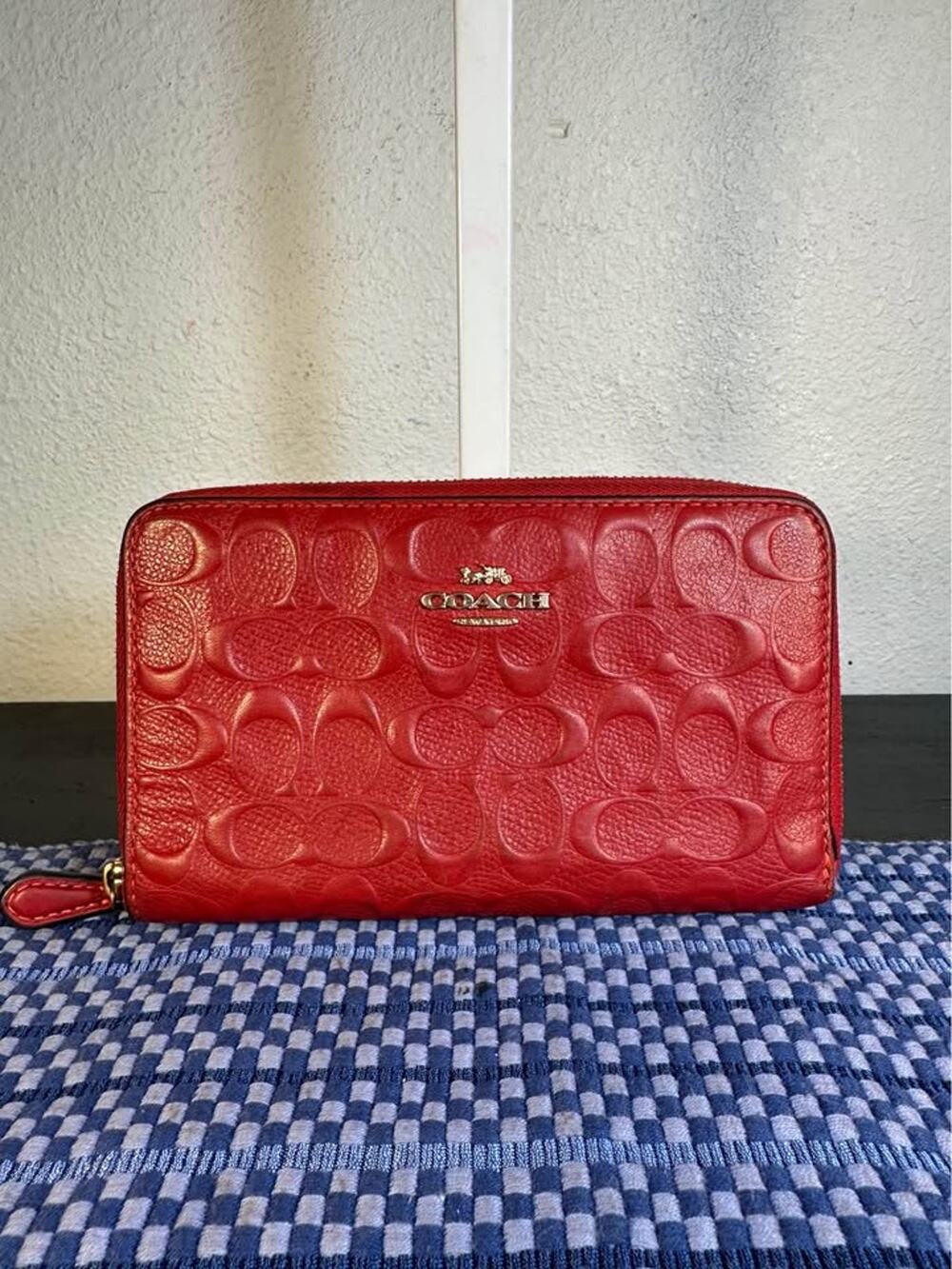 Coach Medium ID Zip Wallet in Signature Debossed Leather (Red)